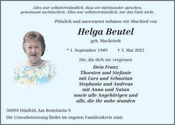 Traueranzeige von Helga Beutel von FZ