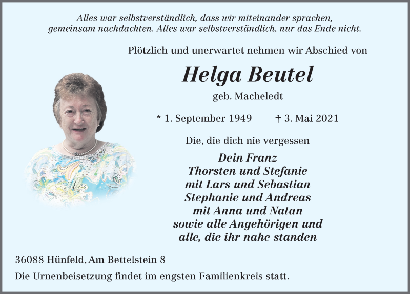  Traueranzeige für Helga Beutel vom 08.05.2021 aus FZ