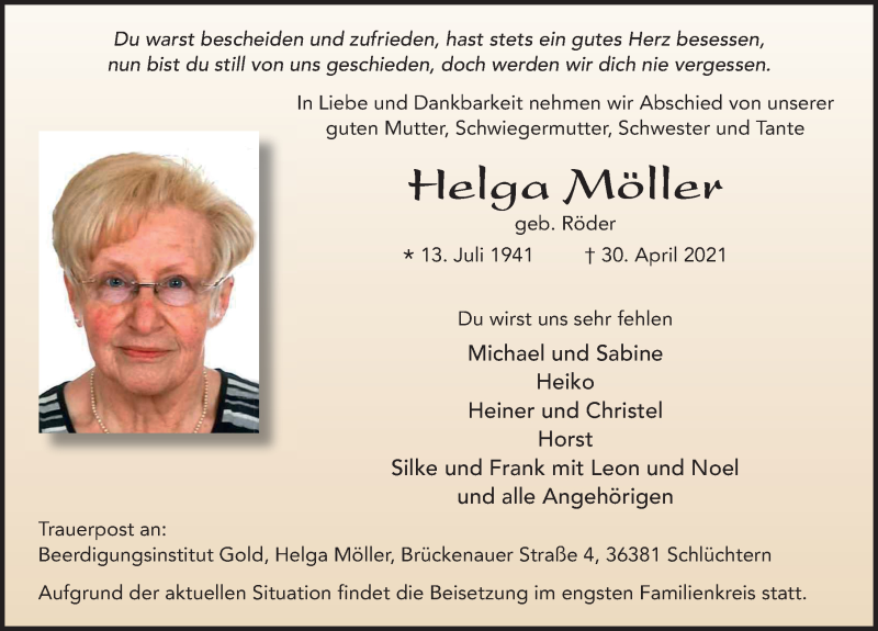  Traueranzeige für Helga Möller vom 08.05.2021 aus FZ