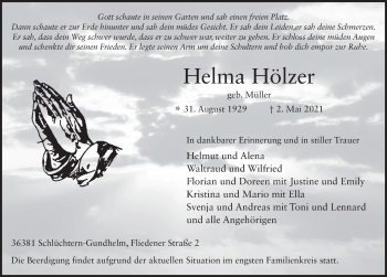 Traueranzeige von Helma Hölzer von FZ