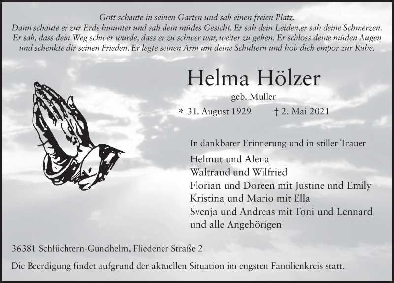  Traueranzeige für Helma Hölzer vom 04.05.2021 aus FZ