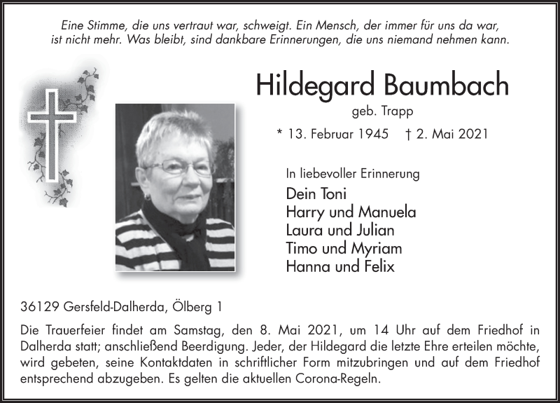  Traueranzeige für Hildegard Baumbach vom 06.05.2021 aus FZ