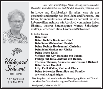 Traueranzeige von Hildegard Schwert von FZ