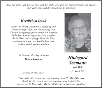 Traueranzeige von Hildegard Seemann von FZ