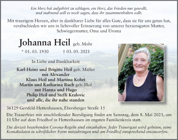 Traueranzeige von Johanna Heil von FZ