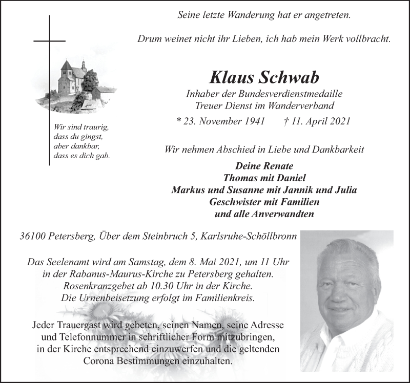  Traueranzeige für Klaus Schwab vom 04.05.2021 aus FZ