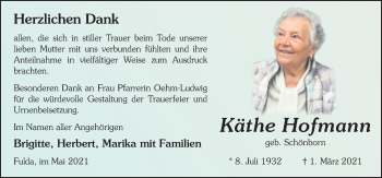 Traueranzeige von Käthe Hofmann von FZ