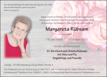 Traueranzeige von Margareta Rübsam von FZ