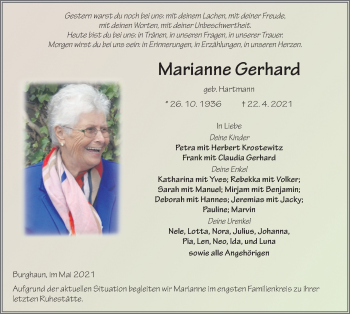 Traueranzeige von Marianne Gerhard von FZ