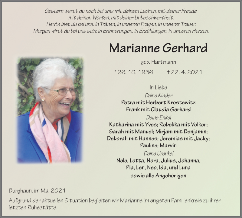  Traueranzeige für Marianne Gerhard vom 05.05.2021 aus FZ