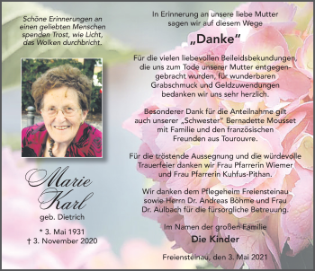 Traueranzeige von Marie Karl von FZ
