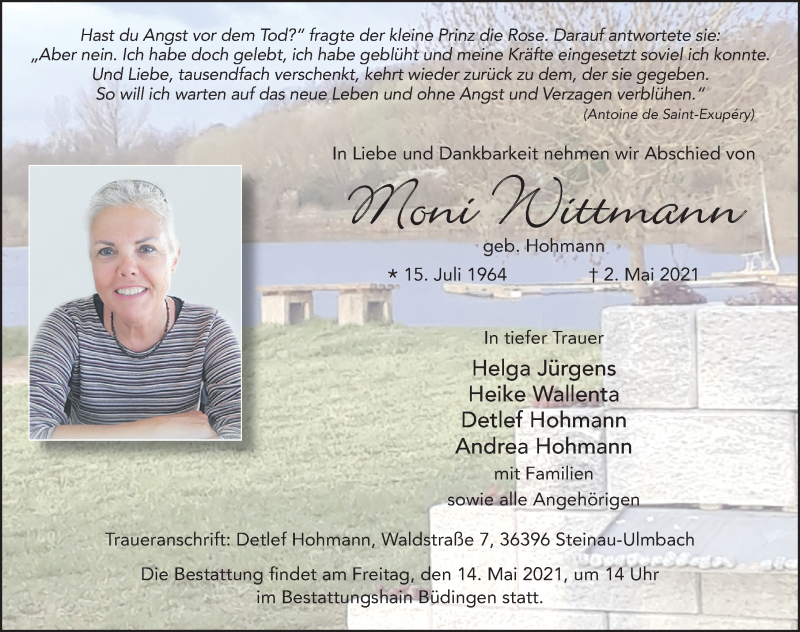  Traueranzeige für Moni Wittmann vom 10.05.2021 aus FZ