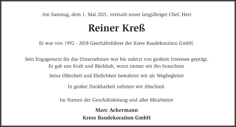  Traueranzeige für Reiner Kreß vom 05.05.2021 aus FZ