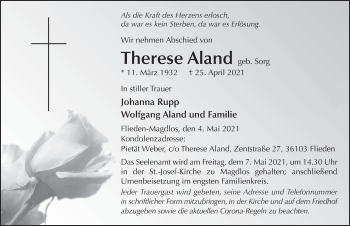 Traueranzeige von Therese Aland von FZ