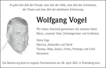 Traueranzeige von Wolfgang Vogel von FZ