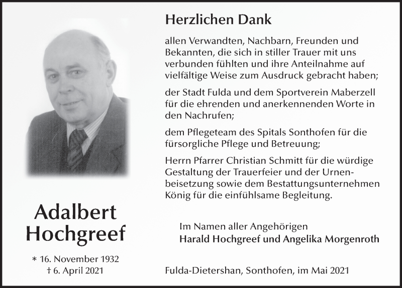  Traueranzeige für Adalbert Hochgreef vom 29.05.2021 aus FZ