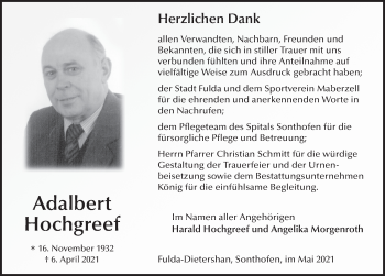 Traueranzeige von Adalbert Hochgreef von FZ