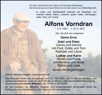 Traueranzeige von Alfons Vorndran von FZ