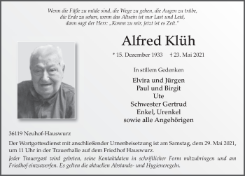 Traueranzeige von Alfred Klüh von FZ