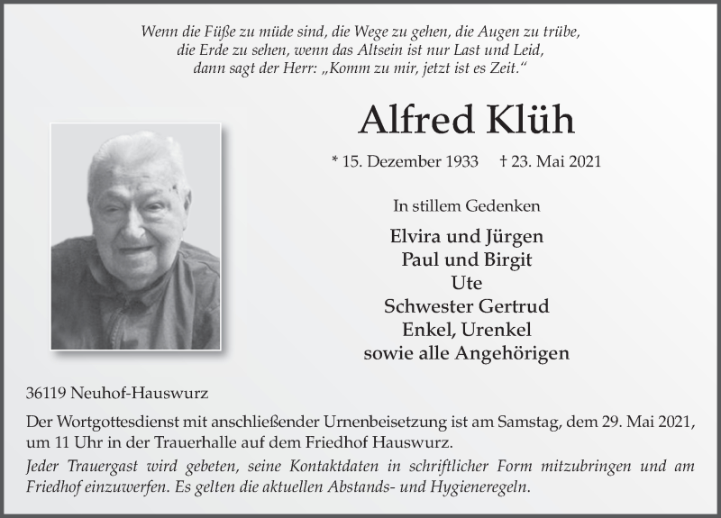  Traueranzeige für Alfred Klüh vom 27.05.2021 aus FZ