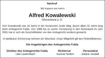 Traueranzeige von Alfred Kowalewski von FZ