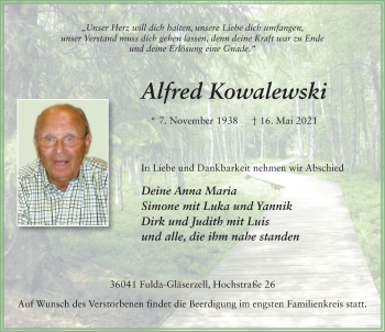 Traueranzeige von Alfred Kowalewski von FZ