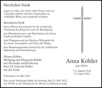 Traueranzeige von Anna Köhler von FZ