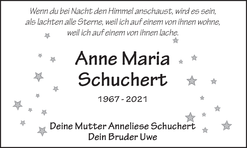  Traueranzeige für Anne Maria Schuchert vom 15.05.2021 aus FZ