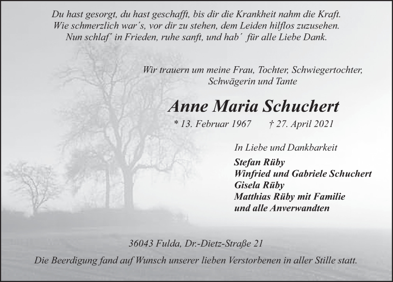  Traueranzeige für Anne Maria Schuchert vom 12.05.2021 aus FZ