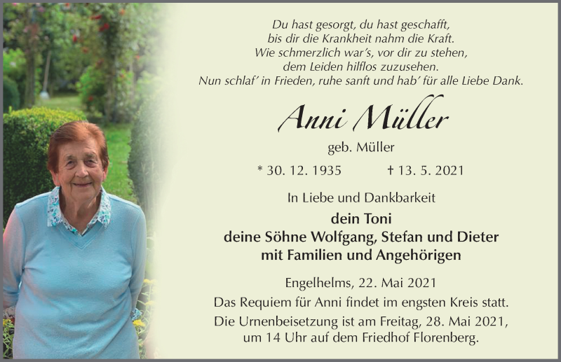  Traueranzeige für Anni Müller vom 22.05.2021 aus FZ