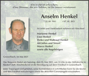 Traueranzeige von Anselm Henkel von FZ