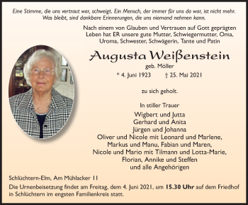 Traueranzeige von Augusta Weißenstein von FZ