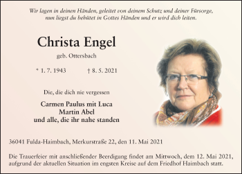 Traueranzeige von Christa Engel von FZ