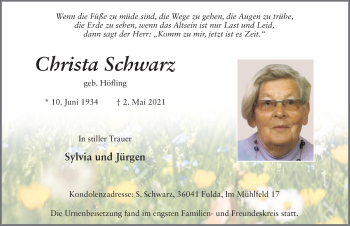 Traueranzeige von Christa Schwarz von FZ