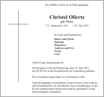 Traueranzeige von Christel Ollertz von FZ