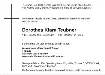 Traueranzeige von Dorothea Klara Teubner von FZ