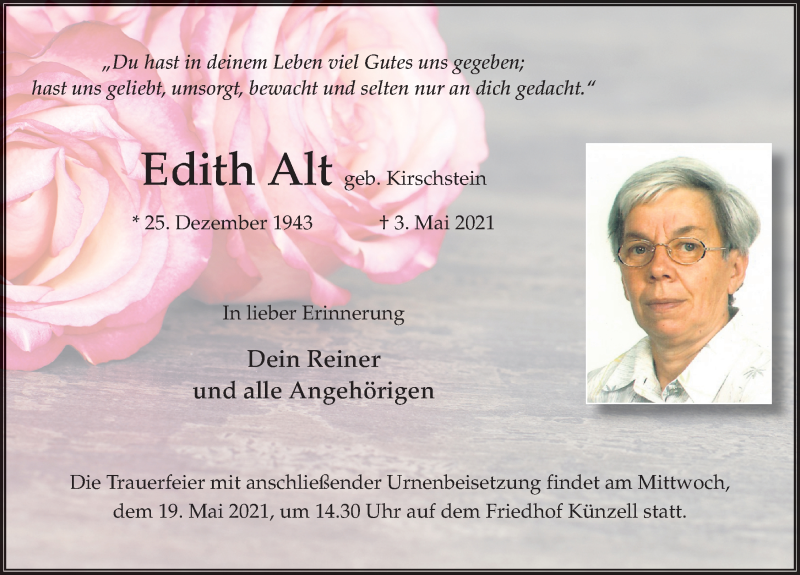  Traueranzeige für Edith Alt vom 15.05.2021 aus FZ