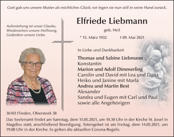 Traueranzeige von Elfriede Liebmann von FZ