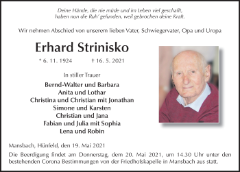 Traueranzeige von Erhard Strinisko von FZ
