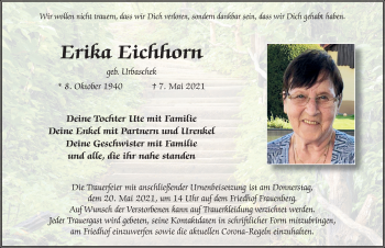 Traueranzeige von Erika Eichhorn von FZ