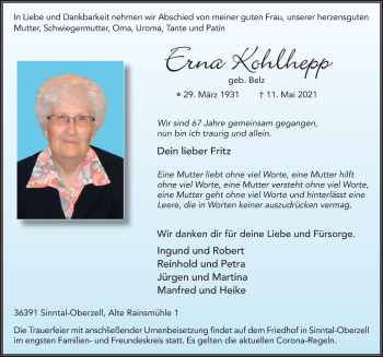Traueranzeige von Erna Kohlhepp von FZ