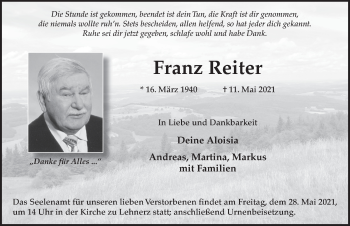 Traueranzeige von Franz Reiter von FZ