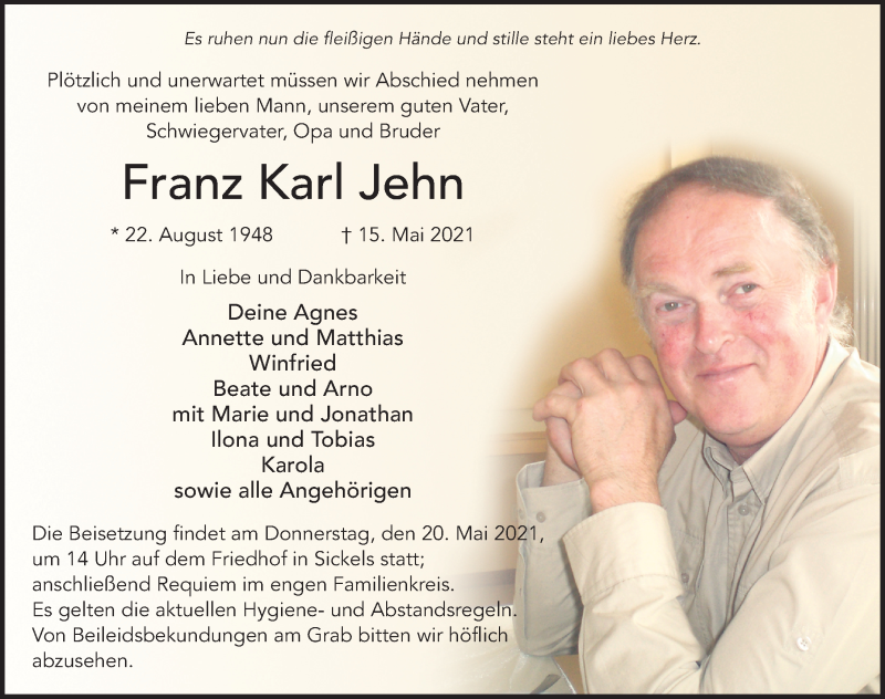  Traueranzeige für Franz Karl Jehn vom 18.05.2021 aus FZ