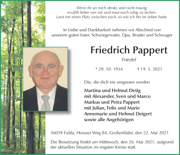 Traueranzeige von Friedrich Pappert von FZ