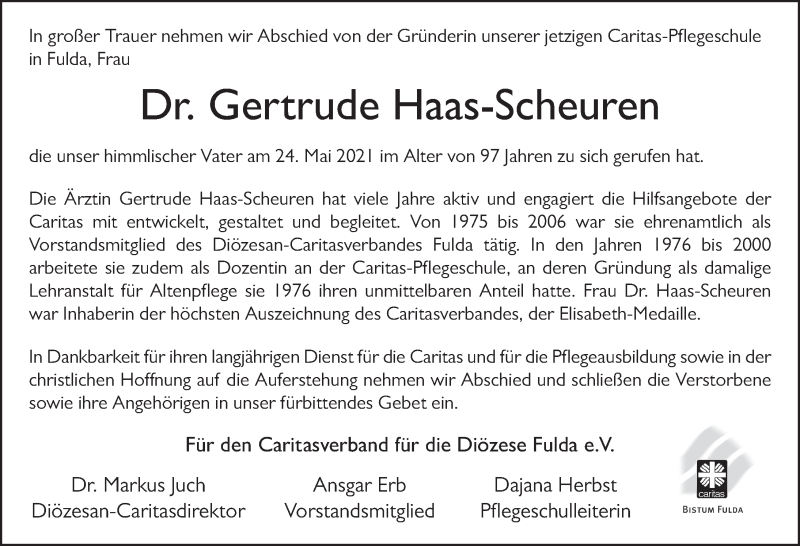  Traueranzeige für Gertrude Haas-Scheuren vom 27.05.2021 aus FZ