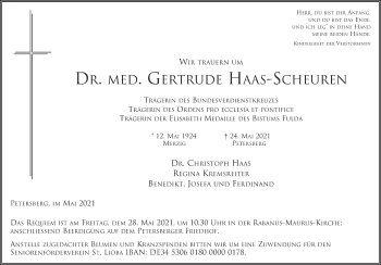Traueranzeige von Gertrude Haas-Scheuren von FZ