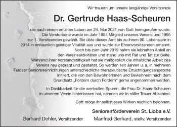 Traueranzeige von Gertrude Haas-Scheuren von FZ