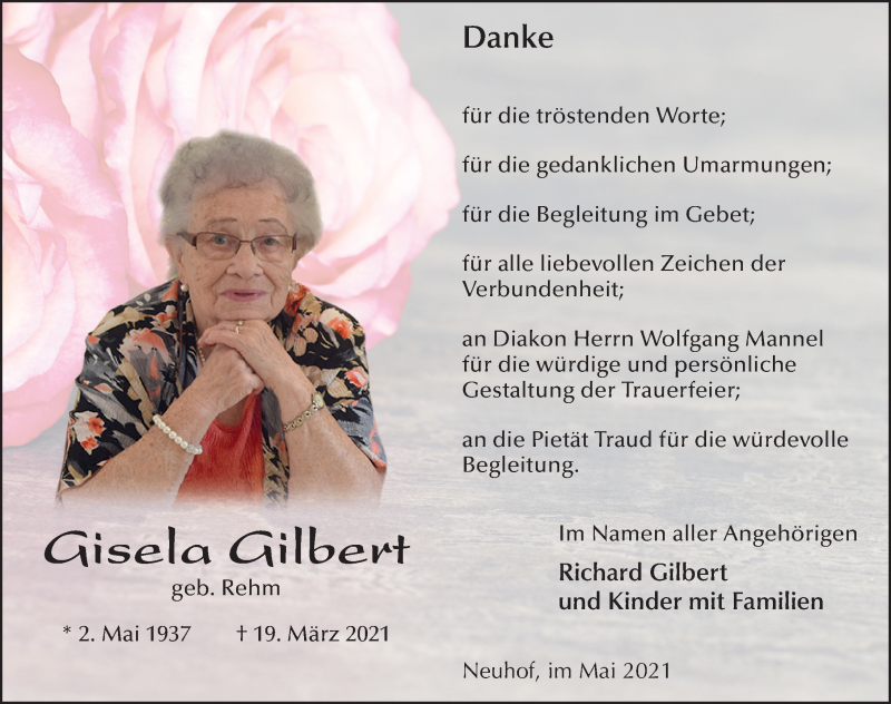  Traueranzeige für Gisela Gilbert vom 20.05.2021 aus FZ