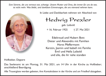 Traueranzeige von Hedwig Prexler von FZ