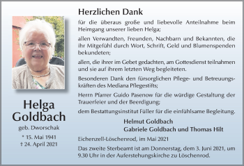 Traueranzeige von Helga Goldbach von FZ